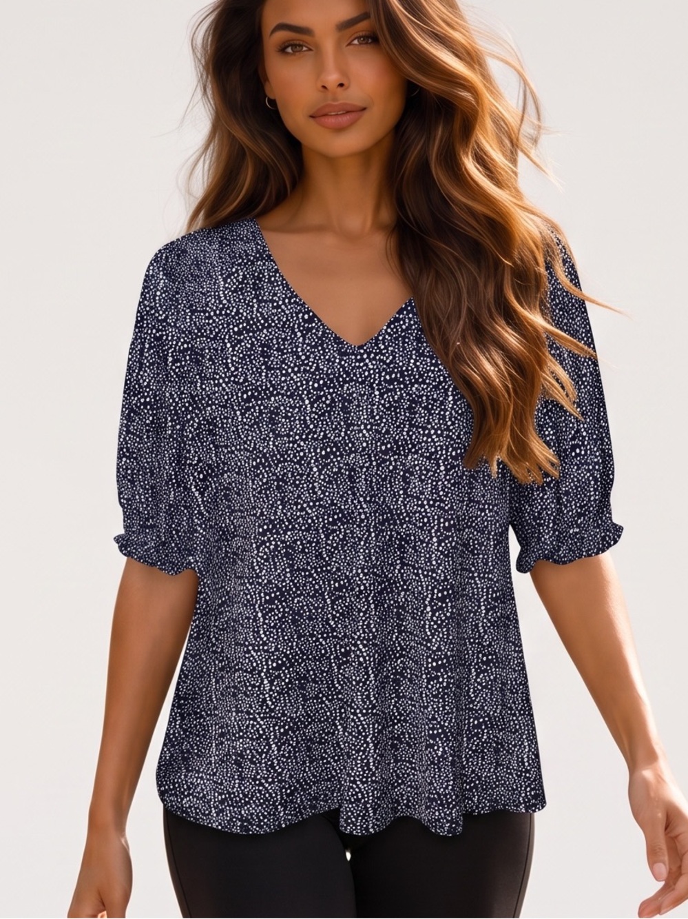 Adrianna Papell Navy V-Neck Dot Print Top